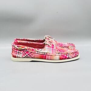Sperry Shoes Womens 12 Pink Plaid Madras Boat Flats Non Marking Slip On Casual